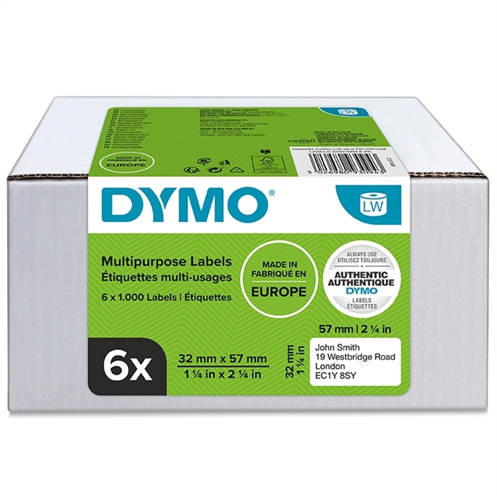 Dymo Label Multi 32 x 57 mm fjernbar hvit mm, 6 x 1000 stk.