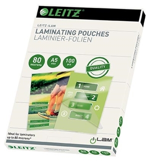 Leitz lamineringslomme med glans, 80my, A5 (100)