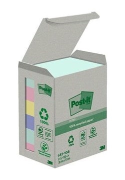 3M Post-it-notater 38 x 51 mm, resirkulerte, forskjellige farger - 6-pack