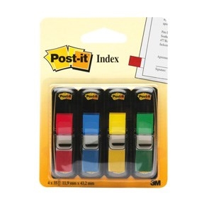 3M Post-it-indeksfaner, 11,9 x 43,1 mm, assorterte farger - 4 pakke