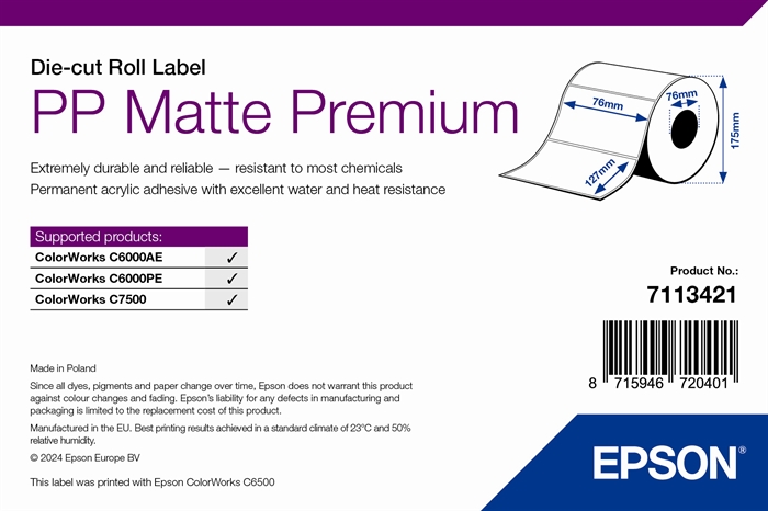 Epson PP Matte Label Premium, Die-cut Roll, 76mm x 127mm, 960 Labels