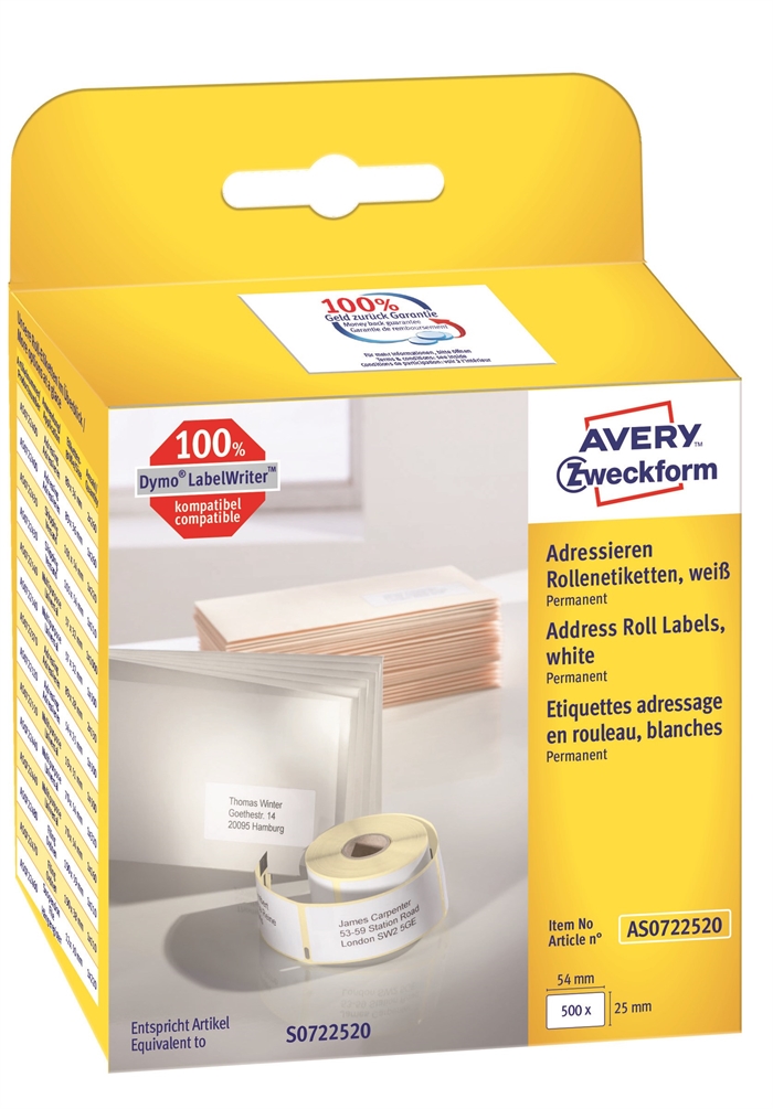 Avery adresseetikett på rull 54 x 25 mm, 500 stk.