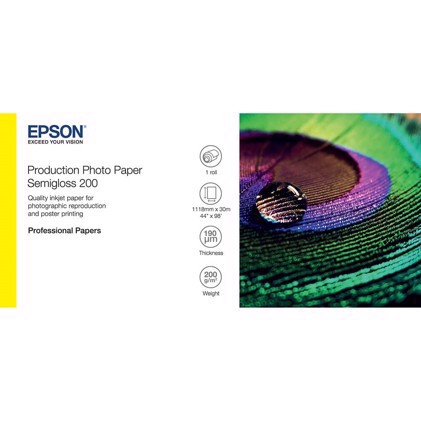 Epson Production Photo Paper Semigloss 200 g 24" x 30 meter translates to Norwegian as:

Epson Produksjon Foto Papir Halvblank 200 g 24" x 30 meter