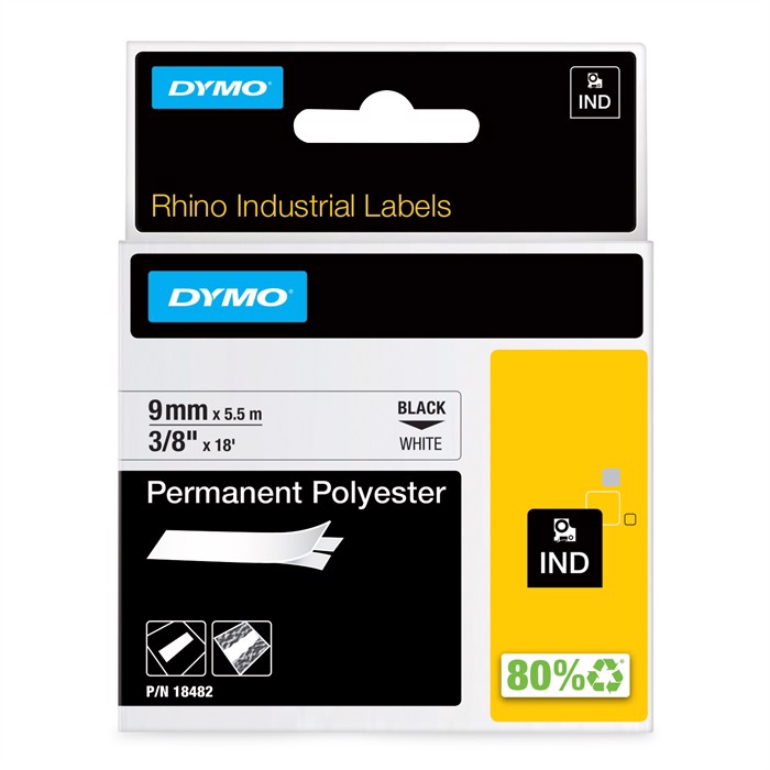 Tape Rhino 9mm x 5,5m perm polyest bl/whi translates to Norwegian as:

Tape Rhino 9mm x 5,5m permanent polyester svart/hvit