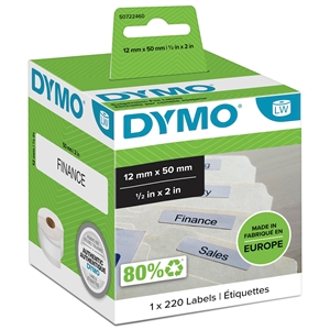Dymo-etikett til hengemapper, 12 x 50 mm, permanent hvit, 220 stk.