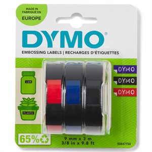 Tape Embosser 9mm x 3m (rød/blå/svart), 3-pakke