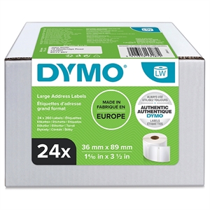 Dymo-labeladressering 36 x 89 perm hvit mm, 24 ruller med 260 etiketter hver stk.