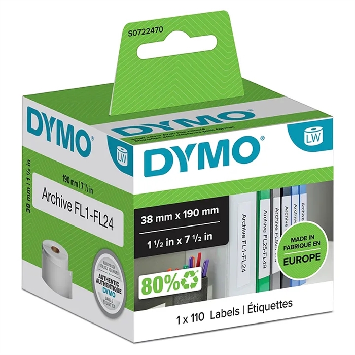 Dymo etiketter til brevordner 38 x 190 mm hvit, 110 stk.