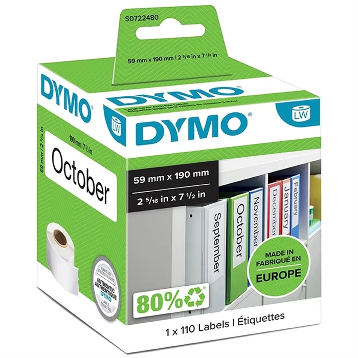 Dymo etiketter til brevordner 59 x 190 mm hvite mm, 110 stk.